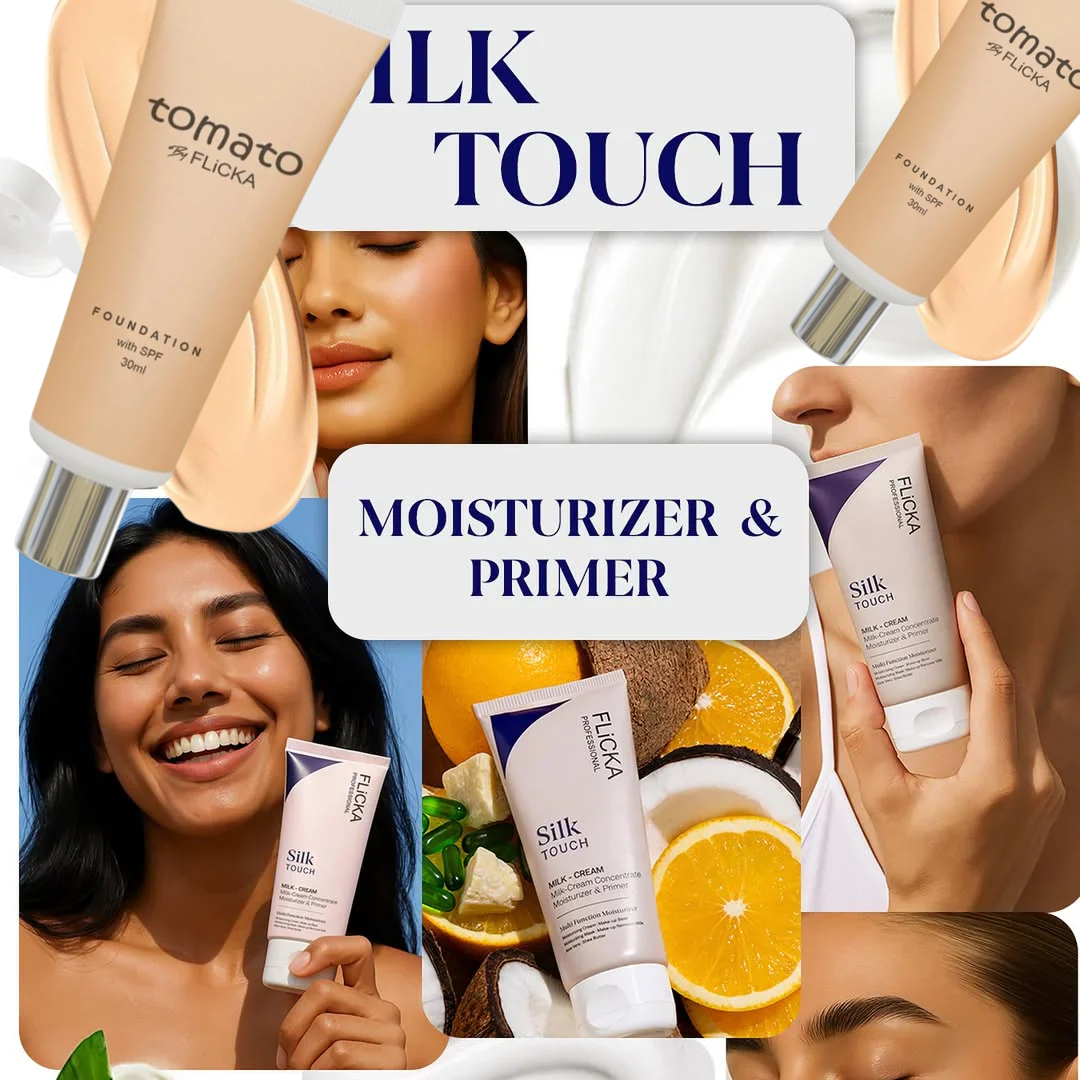 Flicka All-in-One Base Trio | Silk Touch Primer + Tomato Foundation with SPF + Beautyblender for Flawless Finish