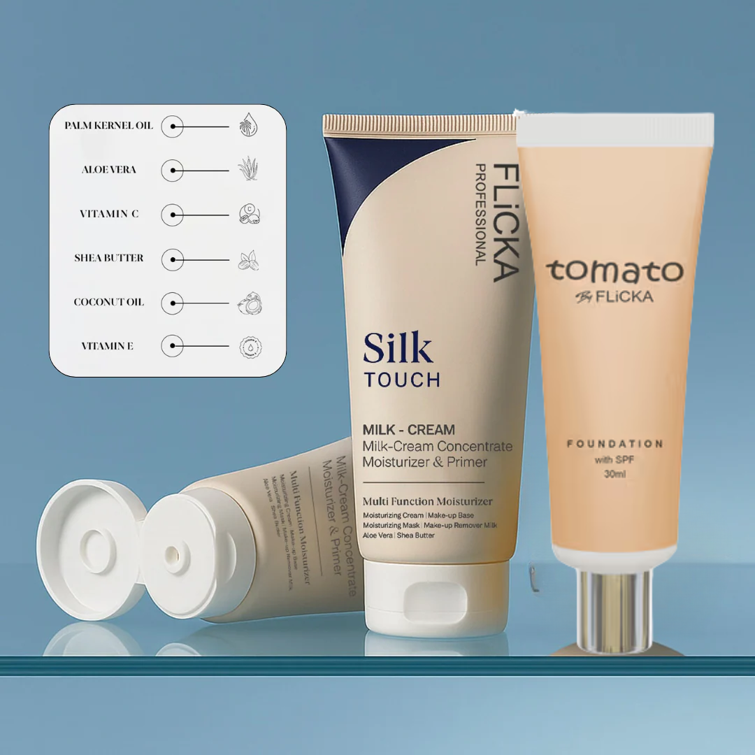 Flicka All-in-One Base Trio | Silk Touch Primer + Tomato Foundation with SPF + Beautyblender for Flawless Finish