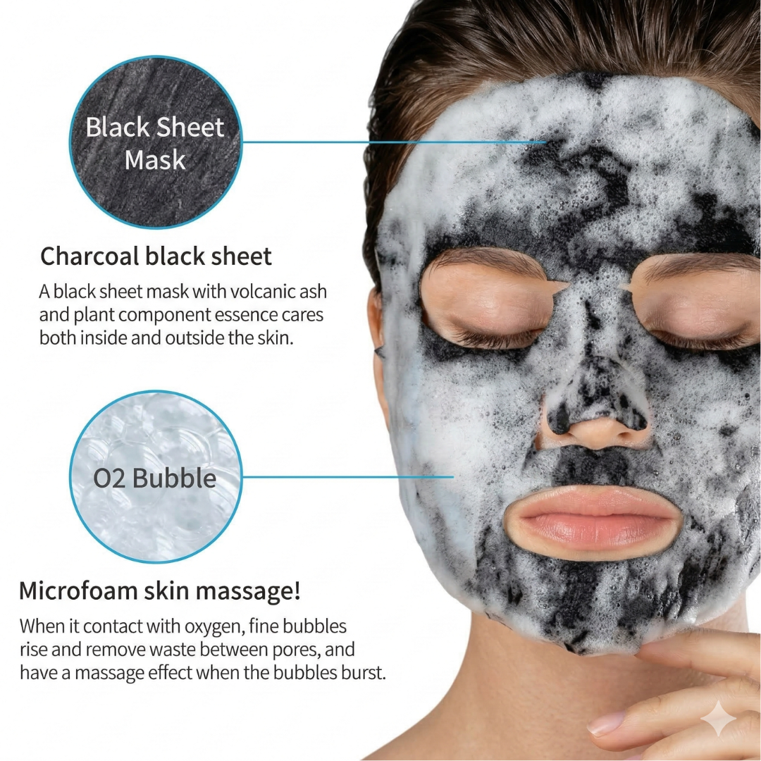 Bio Cos O2 Bubble Charcoal Black Mask | Self-Foaming Deep Pore Cleanser for Blackheads, Oil & Dull Skin