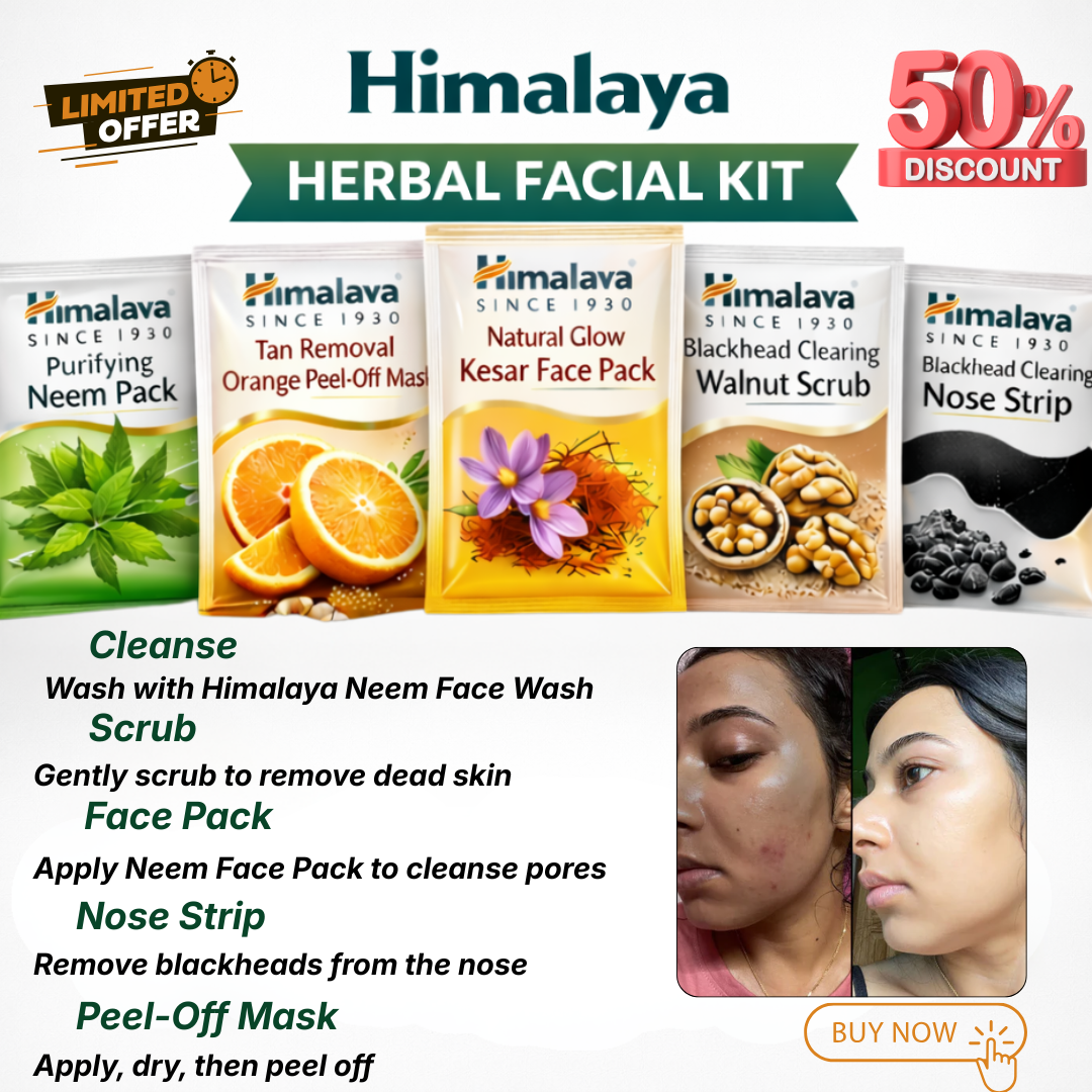 Himalaya Natural Glow Skincare Bundle | 5-Step Facial Kit with Neam Scrub, Nose Strips, Orange Mask & Kesar Face Pack