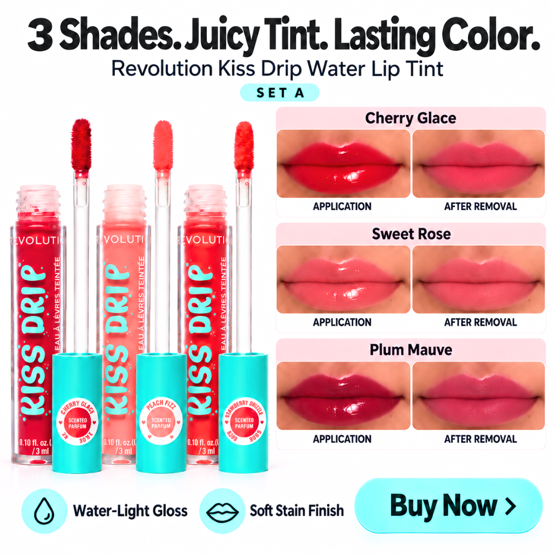 Revolution Kiss Drip Water Lip Tint Bundles – Water-Light Gloss & Soft Stain Finish – Buildable, Hydrating Lip Color
