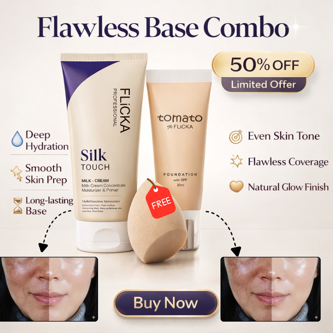 Flicka Flawless Base Combo | Silk Touch Milk-Cream Moisturizer & Primer + Tomato Foundation with SPF | Deep Hydration, Pore-Blurring & Flawless Coverage