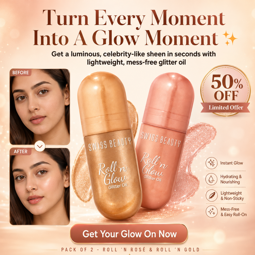 Swiss Beauty Roll 'n' Glow Glitter Oil – Pack of 2 – Instant Luminescence, Deeply Moisturizing & Zero Greasiness – Roll-On Glitter Oil for Celebrity
