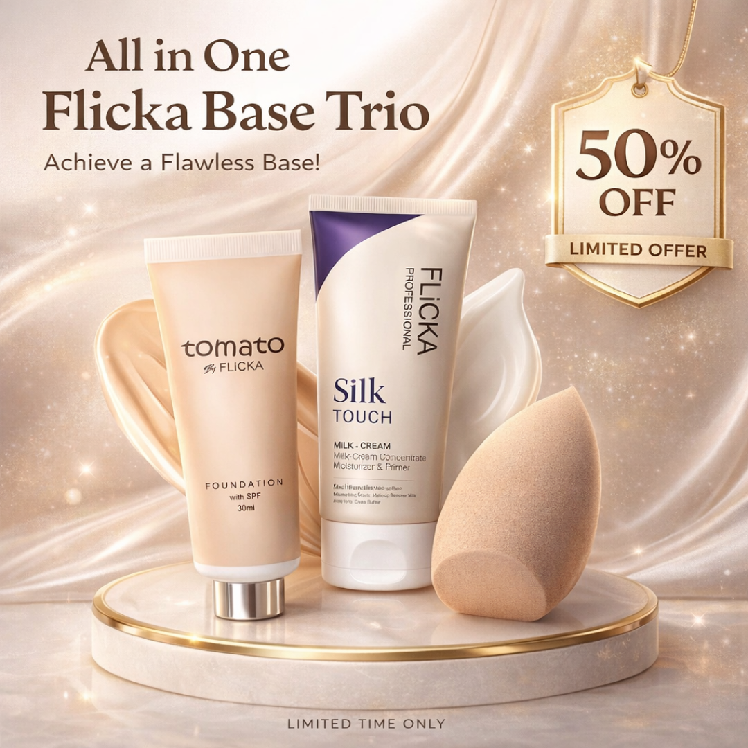 Flicka All-in-One Base Trio | Silk Touch Primer + Tomato Foundation with SPF + Beautyblender for Flawless Finish