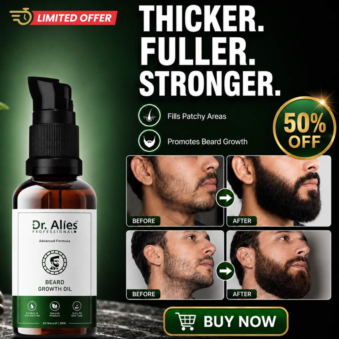 Dr. Alies Professional Beard Growth Oil – 50% OFF – Thicker, Fuller, Stronger Beard – Fills Patchy Areas, Promotes Natural Beard Growth – With Castor Oil, Sweet Almond Oil & Vitamin E