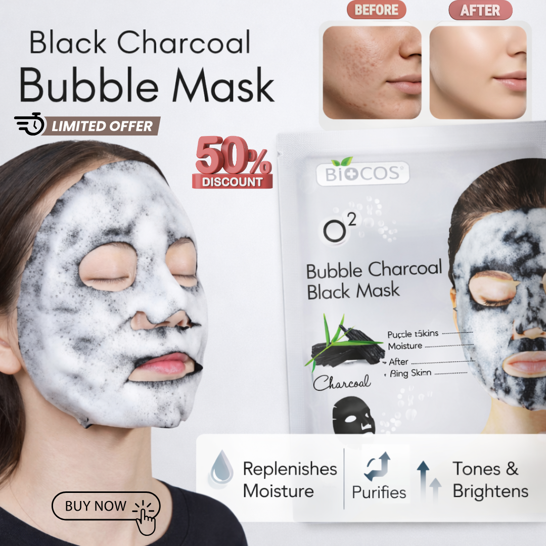Bio Cos O2 Bubble Charcoal Black Mask | Self-Foaming Deep Pore Cleanser for Blackheads, Oil & Dull Skin