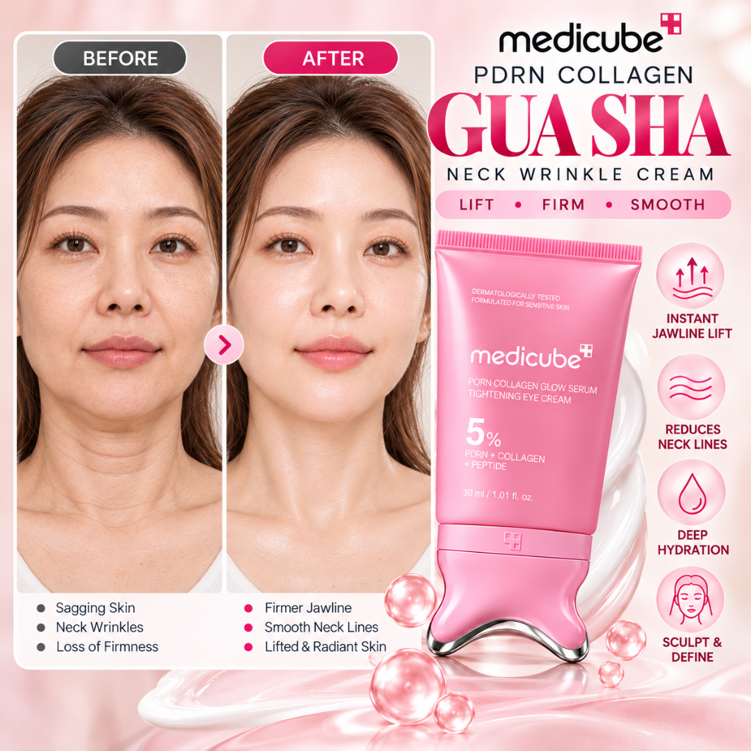 Medicube PDRN Collagen Gua Sha – Neck Wrinkle & Jawline Cream – Firm, Lift & Smooth with Built-In Massager