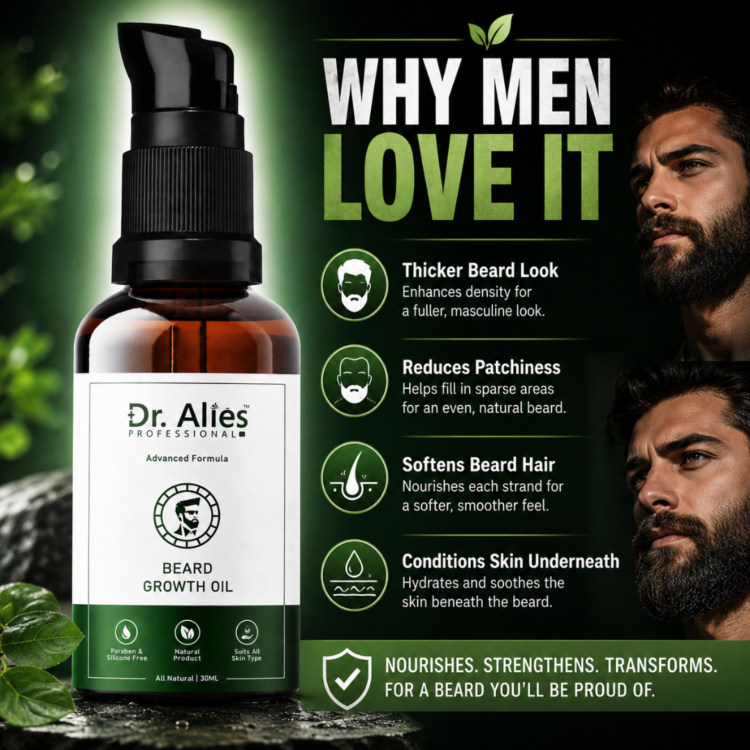 Dr. Alies Professional Beard Growth Oil – 50% OFF – Thicker, Fuller, Stronger Beard – Fills Patchy Areas, Promotes Natural Beard Growth – With Castor Oil, Sweet Almond Oil & Vitamin E