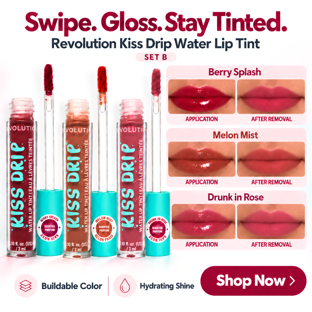 Revolution Kiss Drip Water Lip Tint Bundles – Water-Light Gloss & Soft Stain Finish – Buildable, Hydrating Lip Color