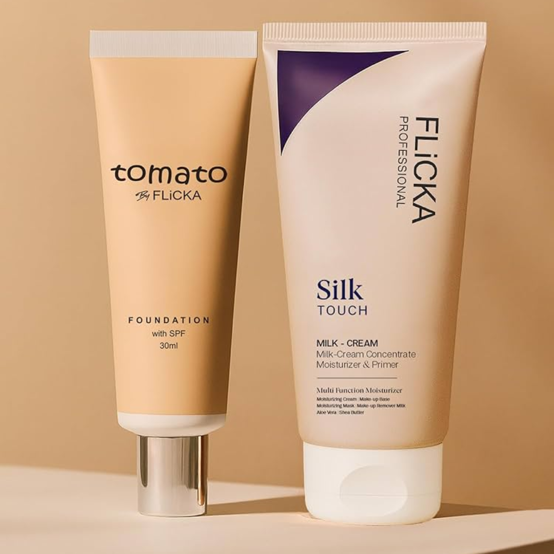 Flicka All-in-One Base Trio | Silk Touch Primer + Tomato Foundation with SPF + Beautyblender for Flawless Finish