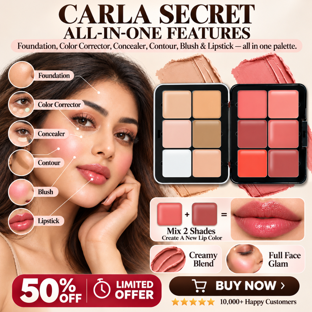 CARLA SECRET All-In-One Face & Lip Palette – 7-in-1 Foundation, Color Corrector, Concealer, Contour, Blush & Lipstick Compact & Eyeshadow
