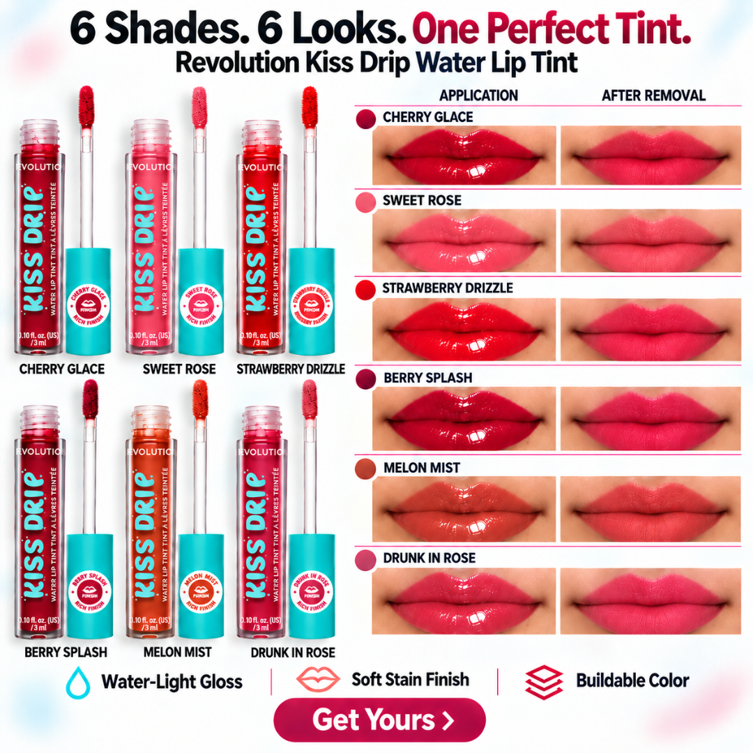 Revolution Kiss Drip Water Lip Tint Bundles – Water-Light Gloss & Soft Stain Finish – Buildable, Hydrating Lip Color