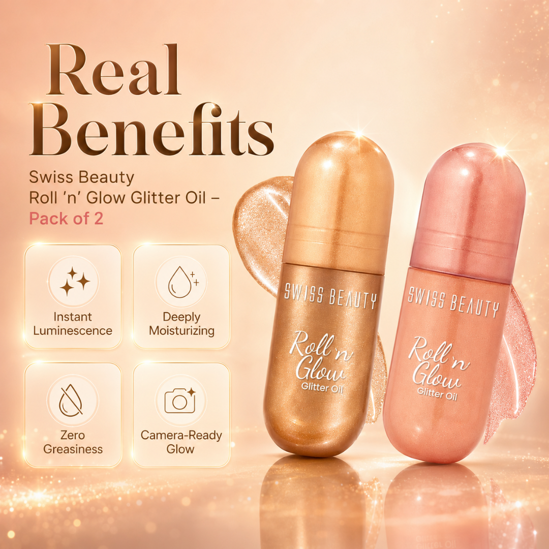Swiss Beauty Roll 'n' Glow Glitter Oil – Pack of 2 – Instant Luminescence, Deeply Moisturizing & Zero Greasiness – Roll-On Glitter Oil for Celebrity