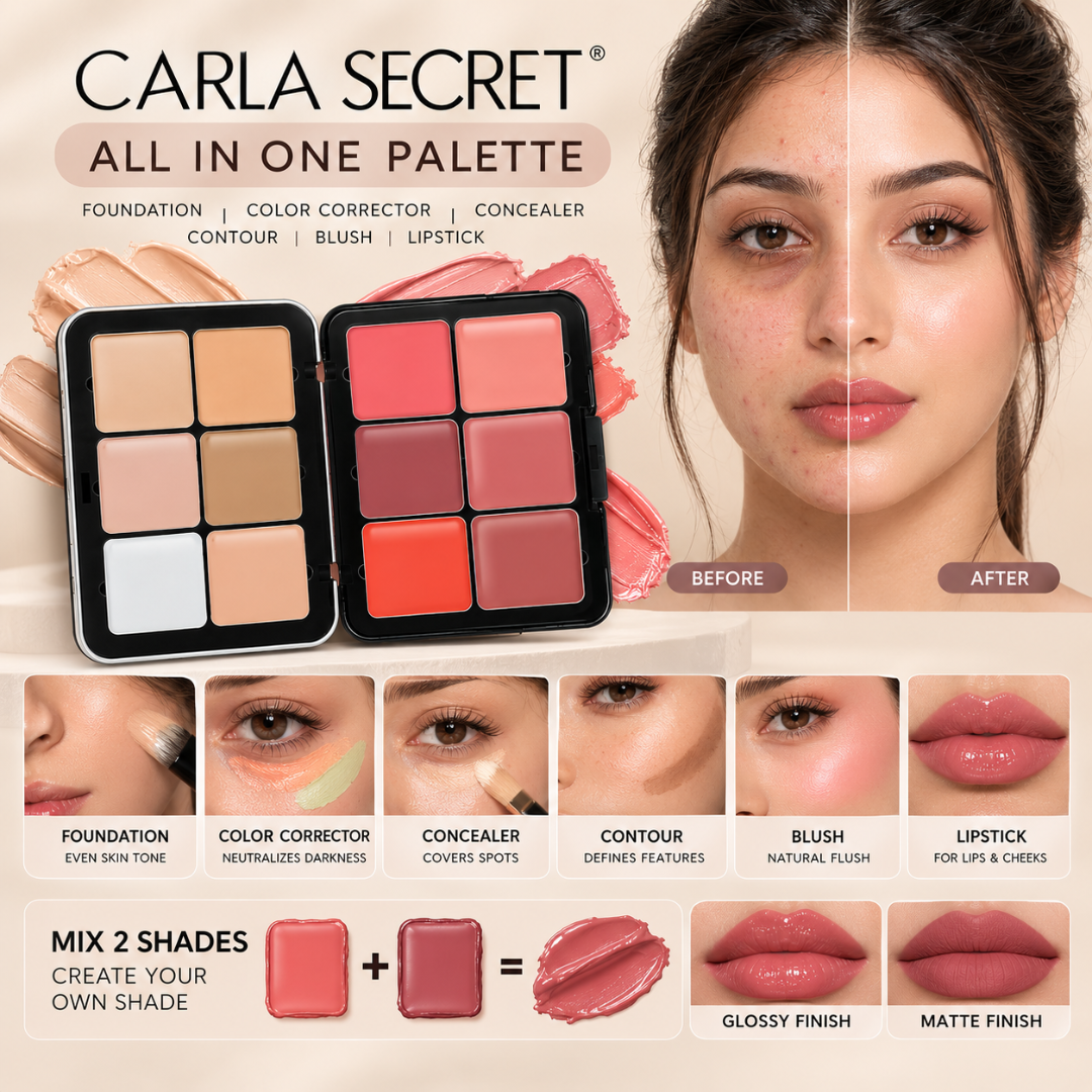 CARLA SECRET All-In-One Face & Lip Palette – 7-in-1 Foundation, Color Corrector, Concealer, Contour, Blush & Lipstick Compact & Eyeshadow