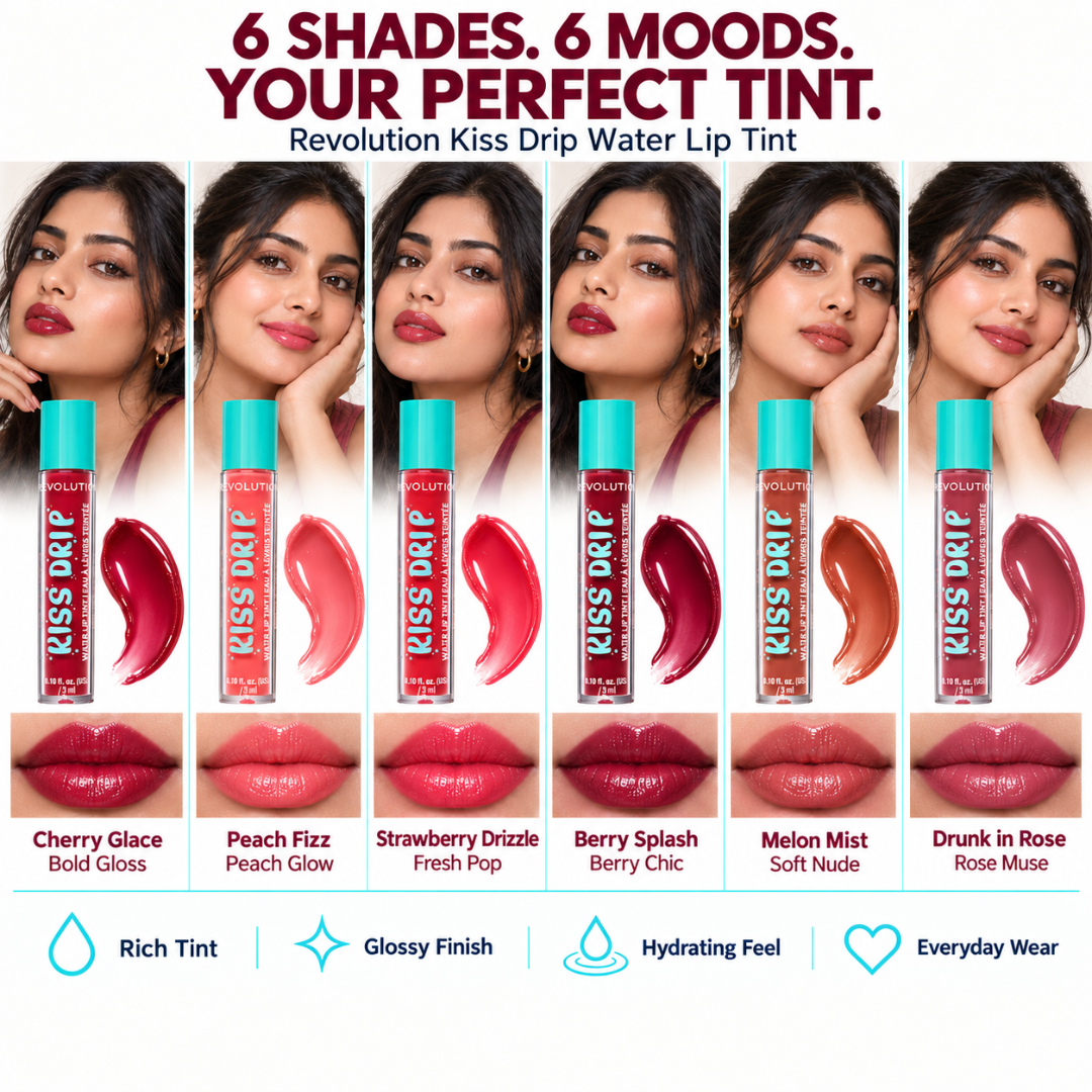 Revolution Kiss Drip Water Lip Tint Bundles – Water-Light Gloss & Soft Stain Finish – Buildable, Hydrating Lip Color