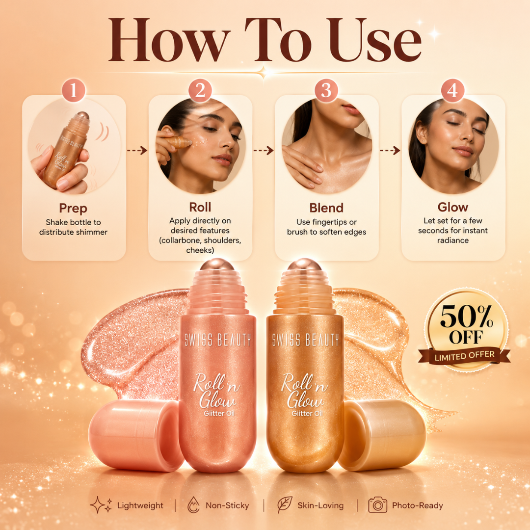 Swiss Beauty Roll 'n' Glow Glitter Oil – Pack of 2 – Instant Luminescence, Deeply Moisturizing & Zero Greasiness – Roll-On Glitter Oil for Celebrity