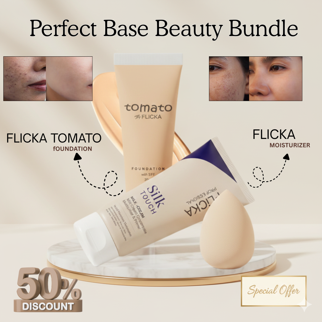 Flicka All-in-One Base Trio | Silk Touch Primer + Tomato Foundation with SPF + Beautyblender for Flawless Finish