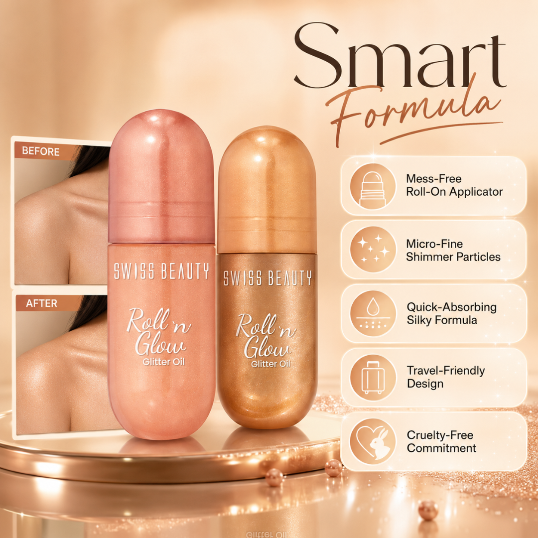 Swiss Beauty Roll 'n' Glow Glitter Oil – Pack of 2 – Instant Luminescence, Deeply Moisturizing & Zero Greasiness – Roll-On Glitter Oil for Celebrity