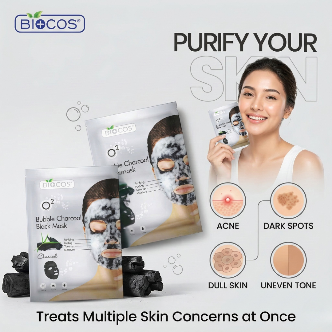 Bio Cos O2 Bubble Charcoal Black Mask | Self-Foaming Deep Pore Cleanser for Blackheads, Oil & Dull Skin