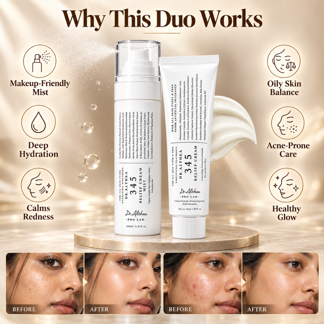 Dr. Althea 345 Relief Duo Set (Buy 1 Get 1 FREE) – Relief Cream & Makeup Mist – Oily & Acne-Prone Care – Hydrates & Calms Redness
