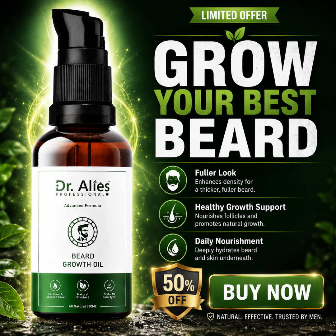 Dr. Alies Professional Beard Growth Oil – 50% OFF – Thicker, Fuller, Stronger Beard – Fills Patchy Areas, Promotes Natural Beard Growth – With Castor Oil, Sweet Almond Oil & Vitamin E