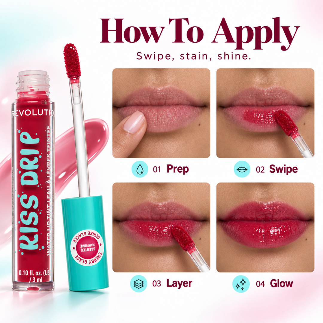 Revolution Kiss Drip Water Lip Tint Bundles – Water-Light Gloss & Soft Stain Finish – Buildable, Hydrating Lip Color