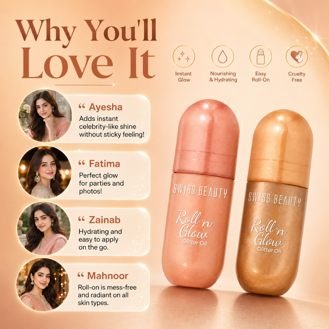 Swiss Beauty Roll 'n' Glow Glitter Oil – Pack of 2 – Instant Luminescence, Deeply Moisturizing & Zero Greasiness – Roll-On Glitter Oil for Celebrity