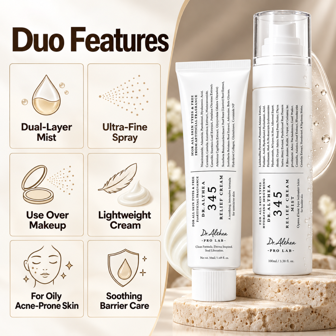 Dr. Althea 345 Relief Duo Set (Buy 1 Get 1 FREE) – Relief Cream & Makeup Mist – Oily & Acne-Prone Care – Hydrates & Calms Redness