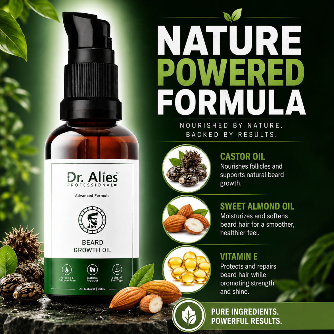 Dr. Alies Professional Beard Growth Oil – 50% OFF – Thicker, Fuller, Stronger Beard – Fills Patchy Areas, Promotes Natural Beard Growth – With Castor Oil, Sweet Almond Oil & Vitamin E