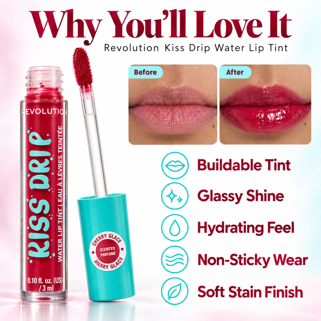 Revolution Kiss Drip Water Lip Tint Bundles – Water-Light Gloss & Soft Stain Finish – Buildable, Hydrating Lip Color