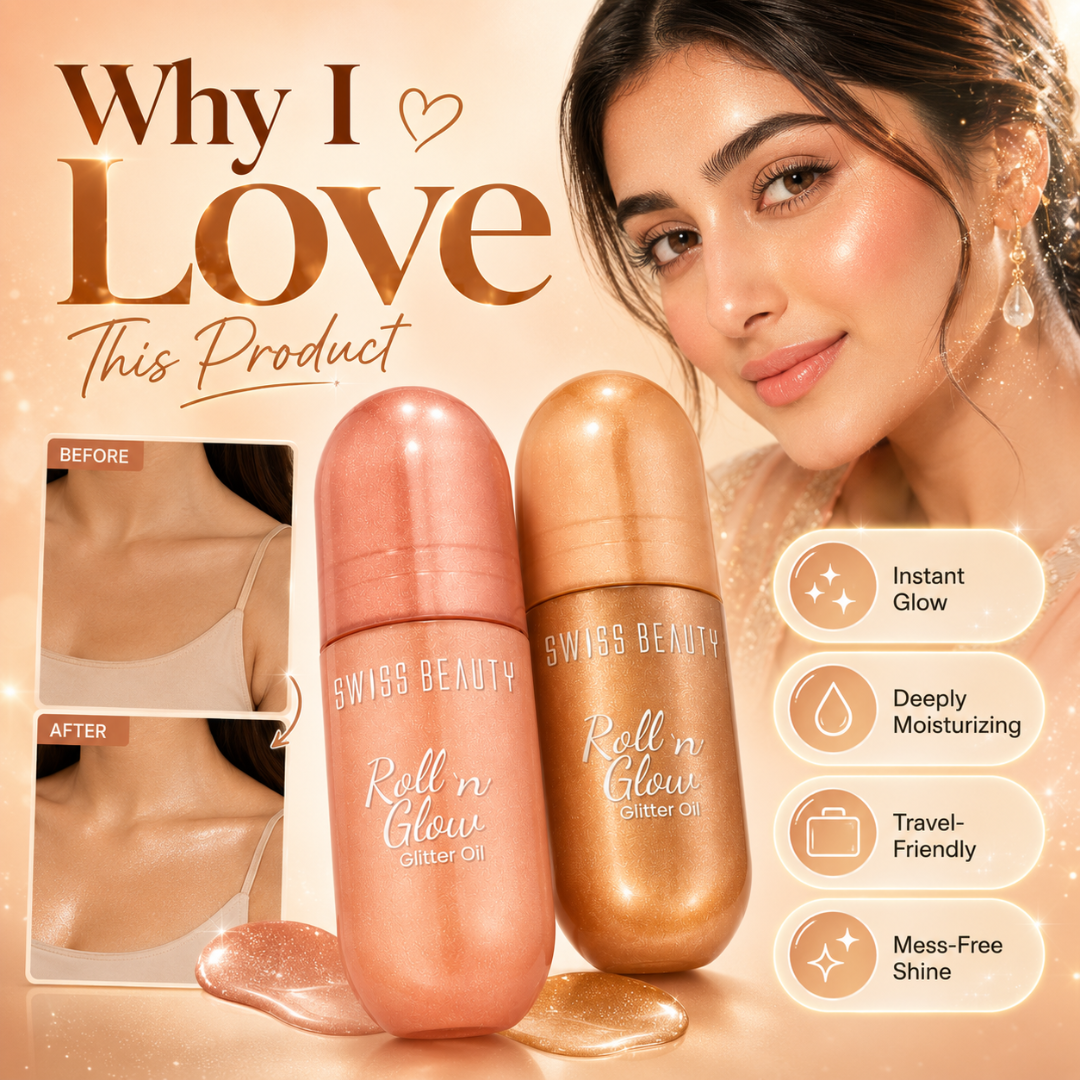 Swiss Beauty Roll 'n' Glow Glitter Oil – Pack of 2 – Instant Luminescence, Deeply Moisturizing & Zero Greasiness – Roll-On Glitter Oil for Celebrity
