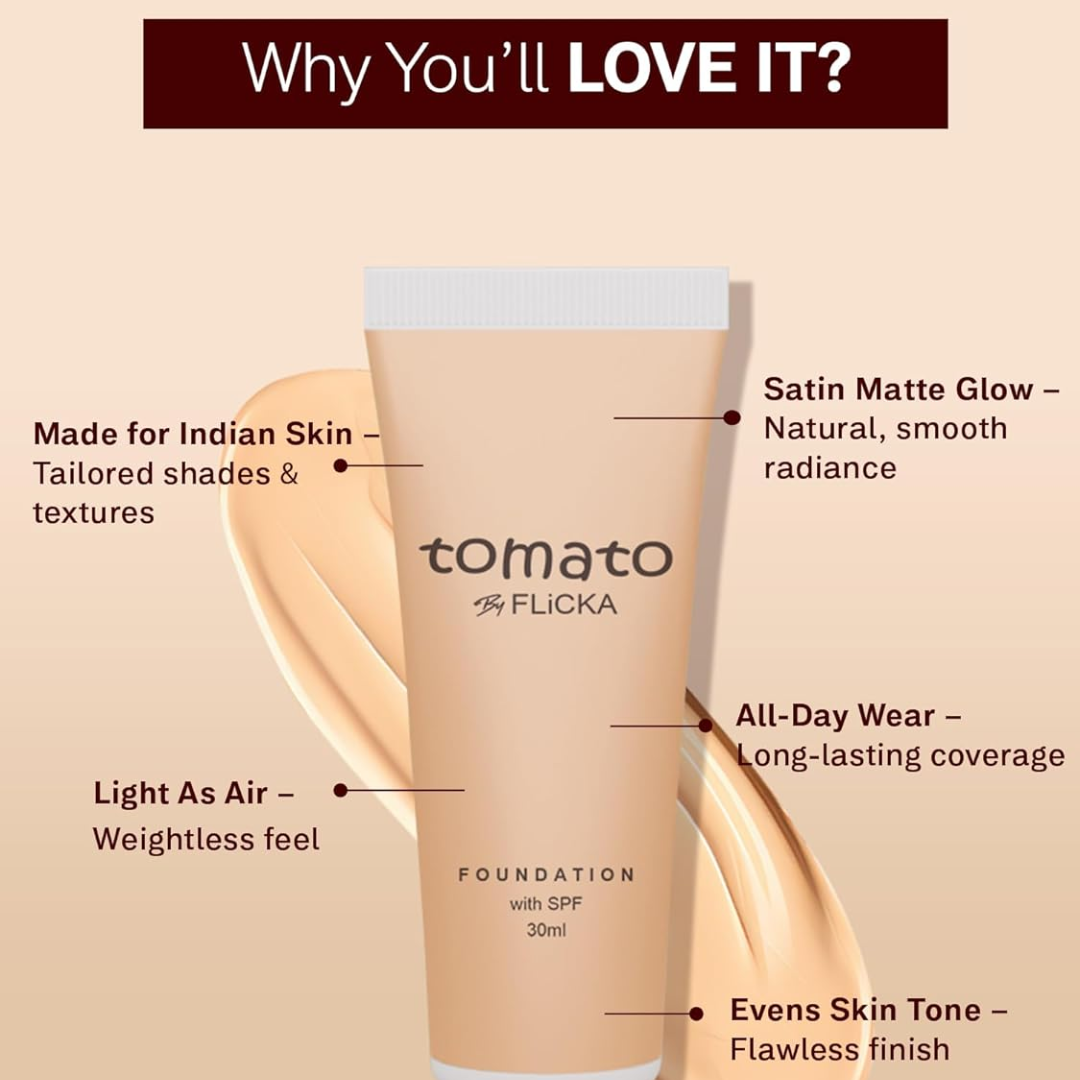 Flicka All-in-One Base Trio | Silk Touch Primer + Tomato Foundation with SPF + Beautyblender for Flawless Finish