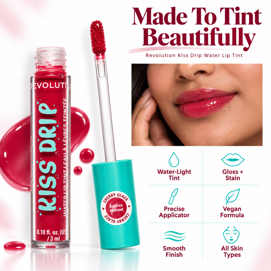 Revolution Kiss Drip Water Lip Tint Bundles – Water-Light Gloss & Soft Stain Finish – Buildable, Hydrating Lip Color